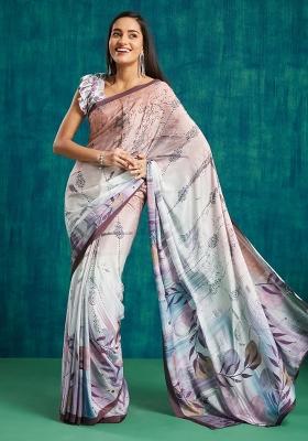 Wine Printed Crepe Saree Set