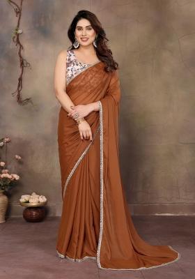 Brown Printed faux georgette Saree Set