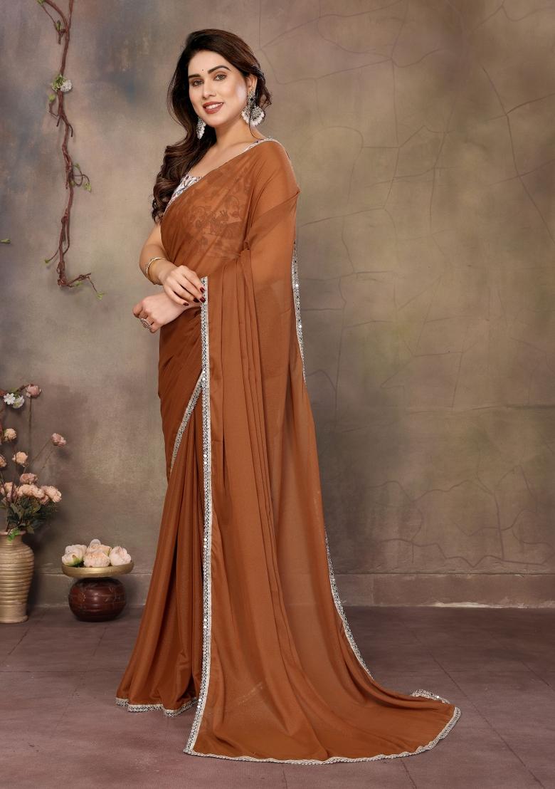 Brown Printed faux georgette Saree Set - Indya