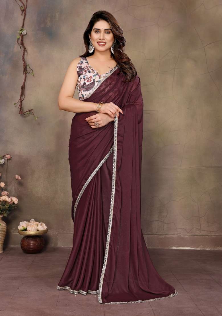 Brown faux georgette Saree Set with Printed for Diwali | Wedding & Festive Wear - Indya