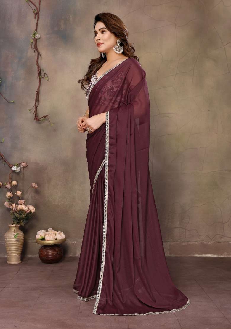 Brown faux georgette Saree Set with Printed for Diwali | Wedding & Festive Wear - Indya