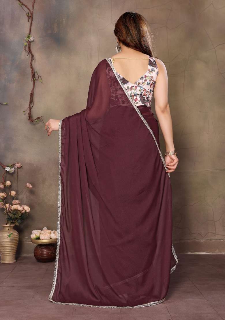 Brown faux georgette Saree Set with Printed for Diwali | Wedding & Festive Wear - Indya