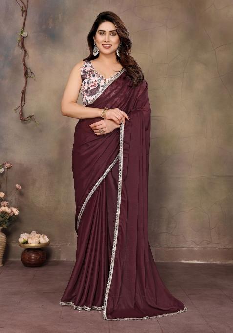 Brown Printed faux georgette Saree Set