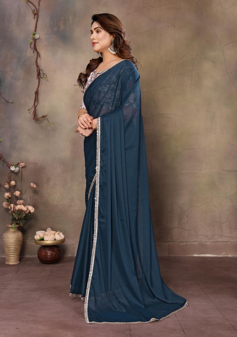 Blue Printed faux georgette Saree Set - Indya
