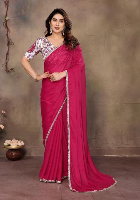 Pink Printed faux georgette Saree Set