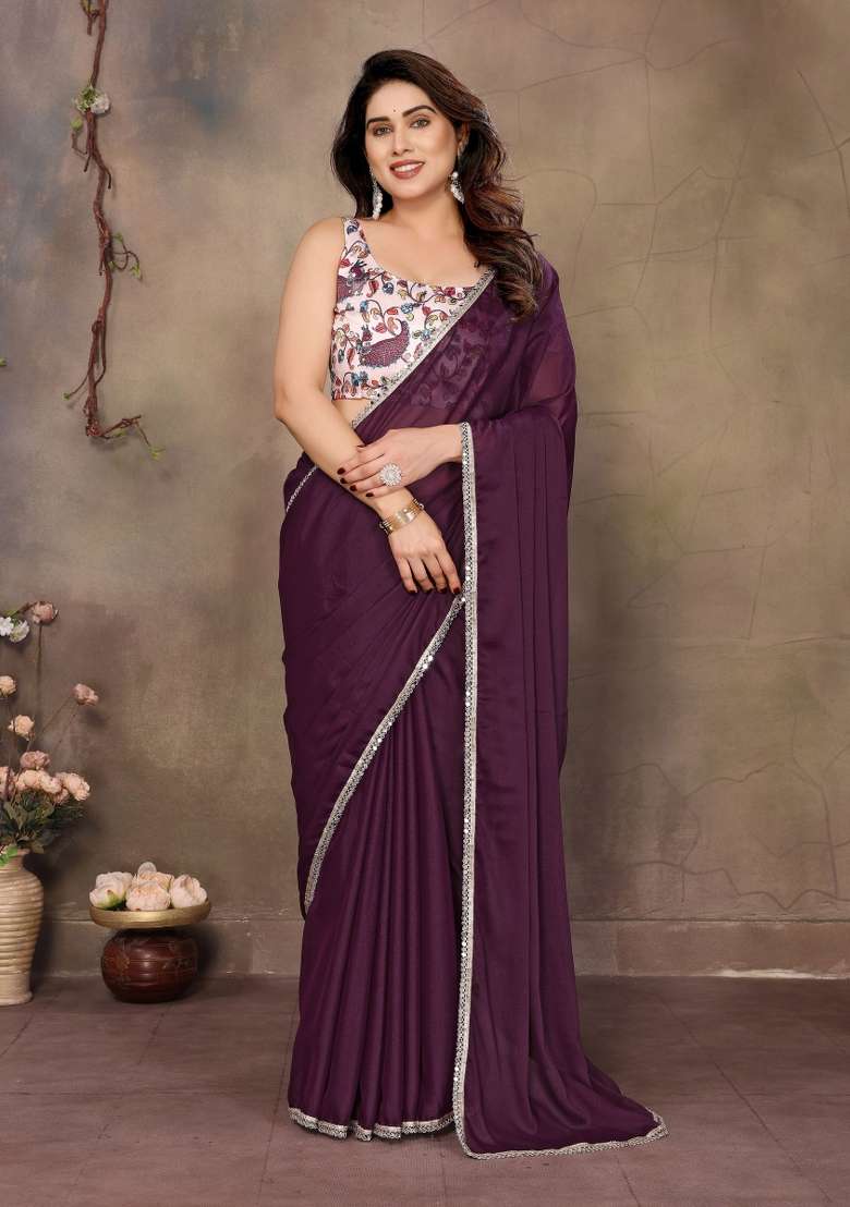 Wine Printed faux georgette Saree Set for Diwali and Festive Wear - Indya