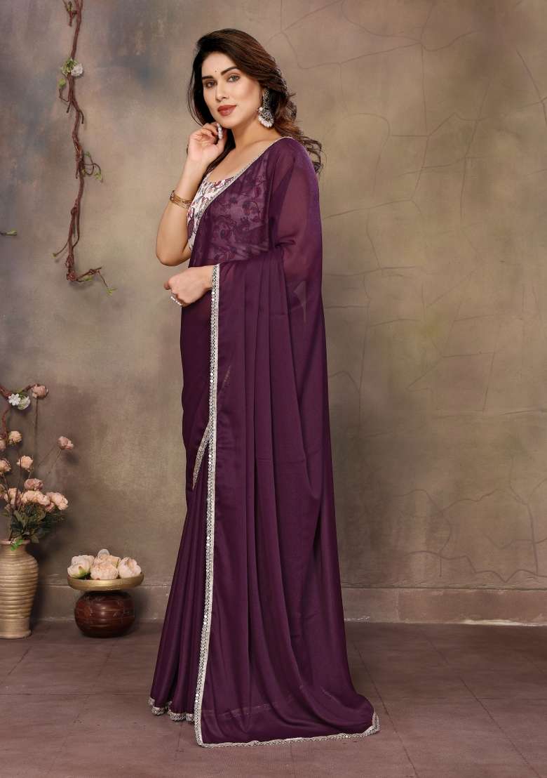 Wine Printed faux georgette Saree Set for Diwali and Festive Wear - Indya