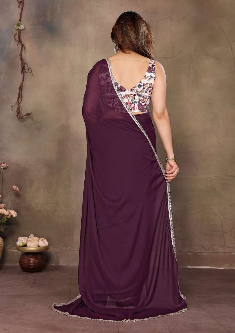 Wine Printed faux georgette Saree Set for Diwali and Festive Wear - Indya