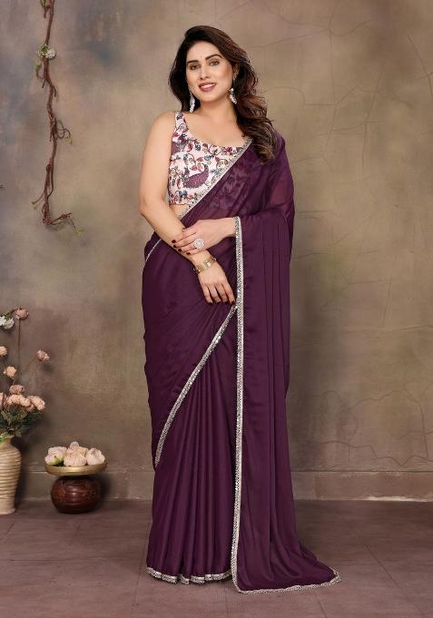Wine Printed faux georgette Saree Set