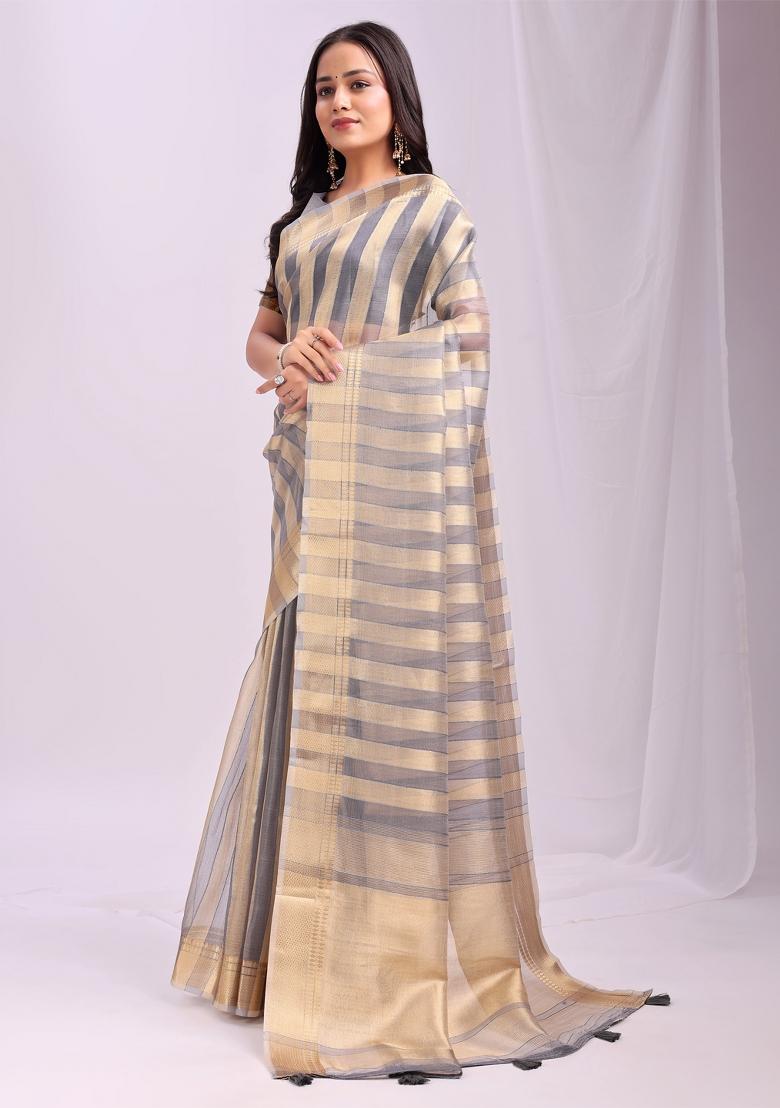 Grey Embroidered Organza Saree Set - Indya