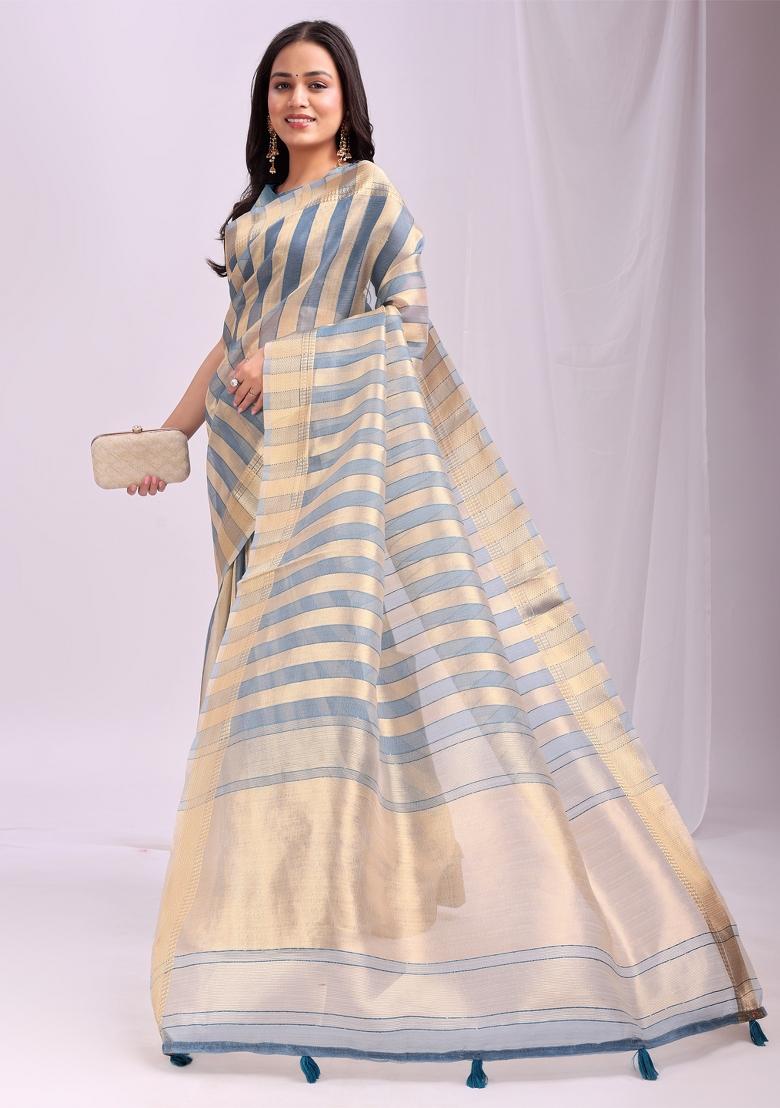 Blue Embroidered Organza Saree Set - Indya