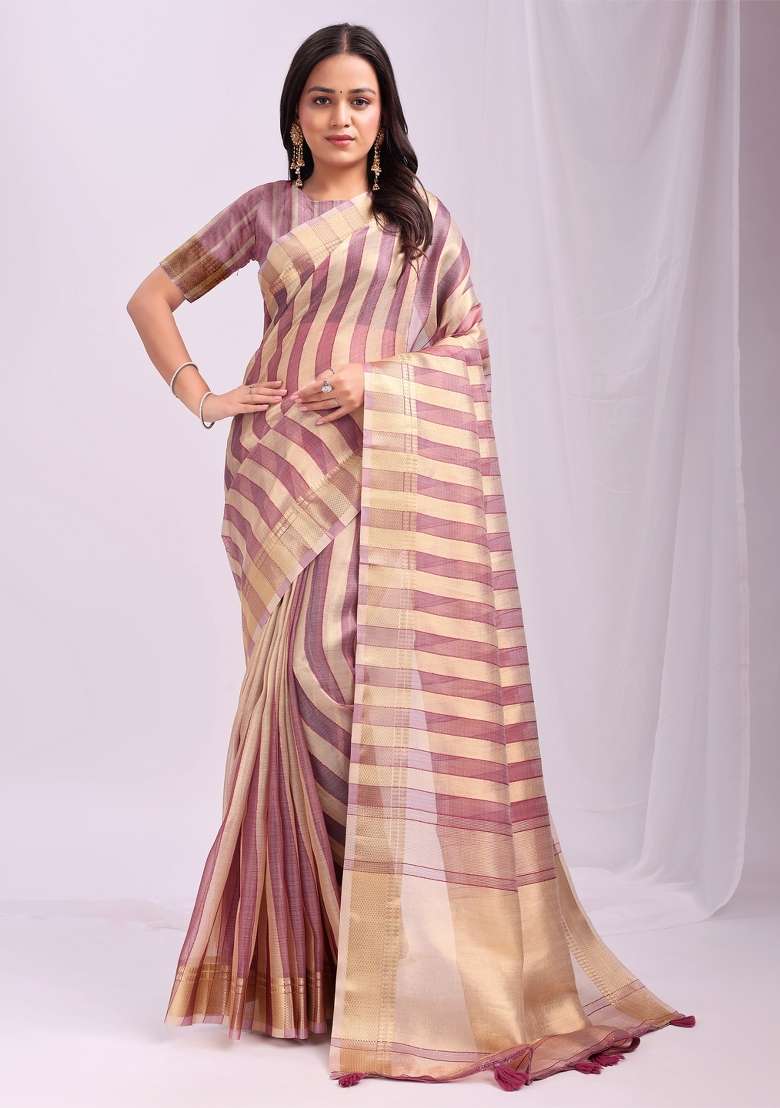 Purple Embroidered Organza Saree Set - Indya