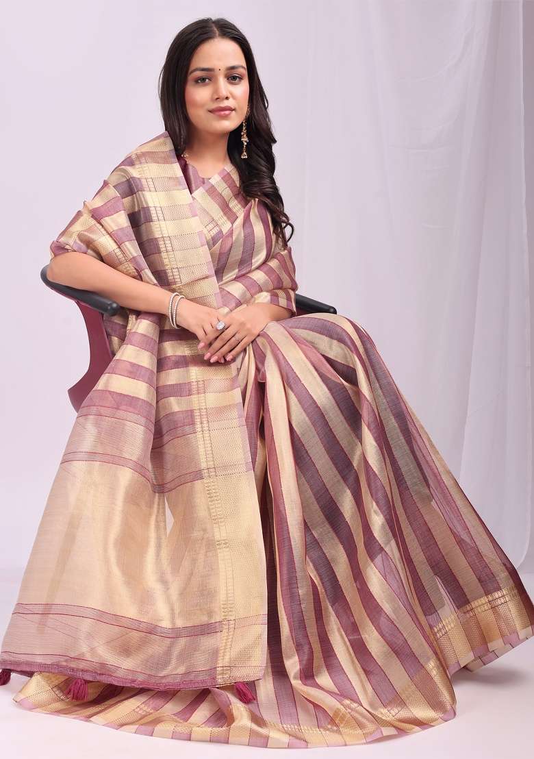 Purple Embroidered Organza Saree Set - Indya