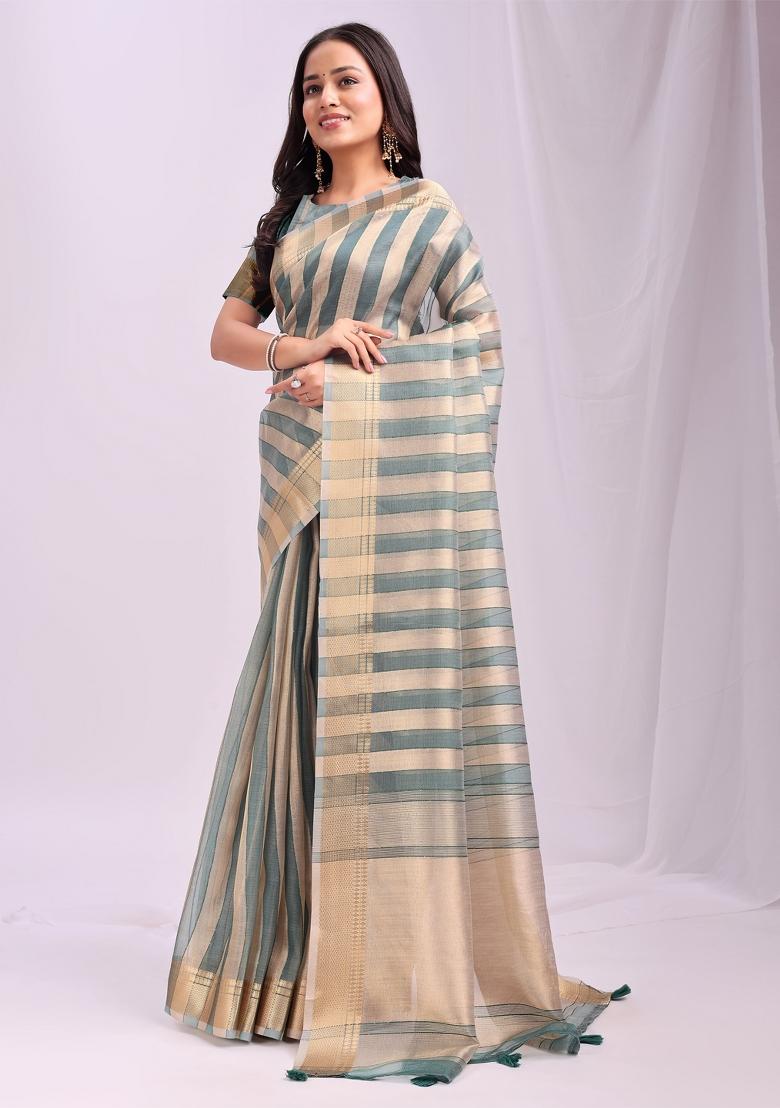 Green Embroidered Organza Saree Set - Indya