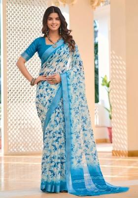 Blue Embroidered Cotton Saree Set