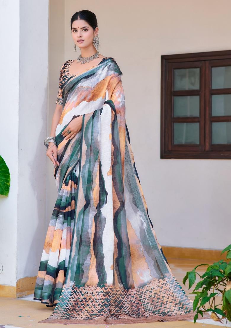 Multi Embroidered Cotton Saree Set - Indya