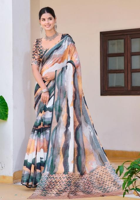 Multi Embroidered Cotton Saree Set