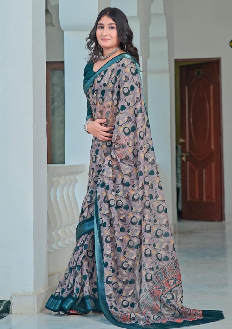 Grey Embroidered Cotton Saree Set - Indya