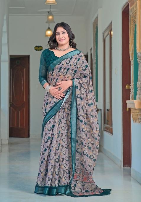 Grey Embroidered Cotton Saree Set