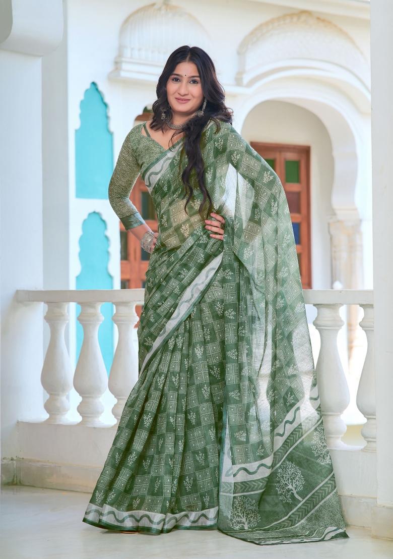 Green Embroidered Cotton Saree Set - Indya
