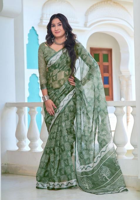 Green Embroidered Cotton Saree Set