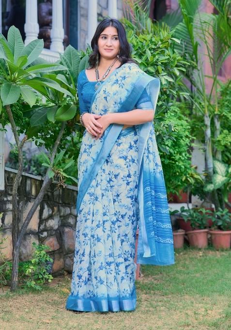 Blue Embroidered Cotton Saree Set