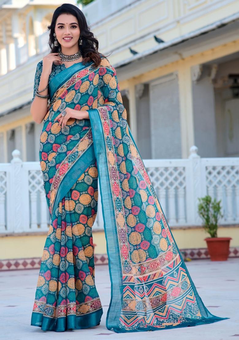 Multi Embroidered Cotton Saree Set - Indya