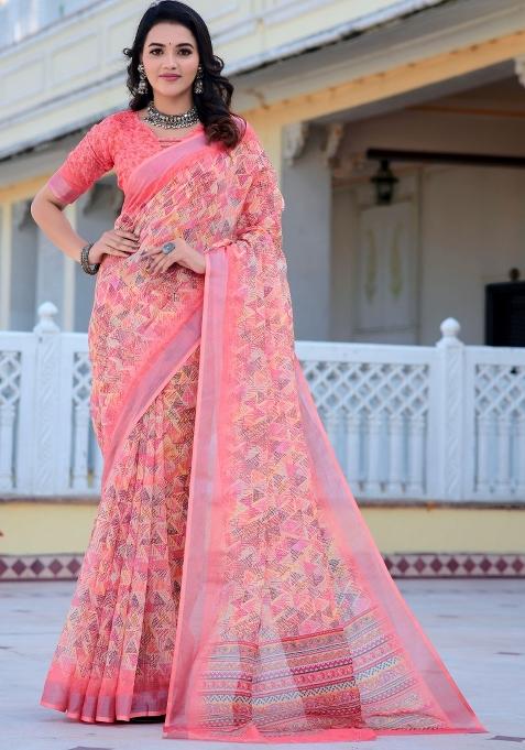Pink Embroidered Cotton Saree Set