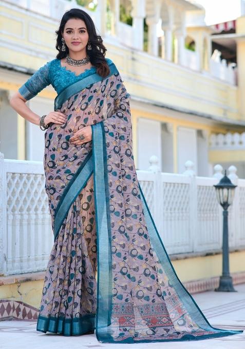 Grey Embroidered Cotton Saree Set