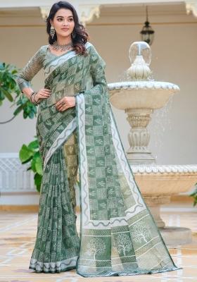 Green Embroidered Cotton Saree Set