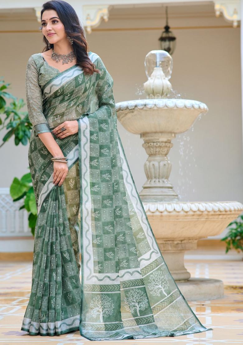 Green Embroidered Cotton Saree Set - Indya