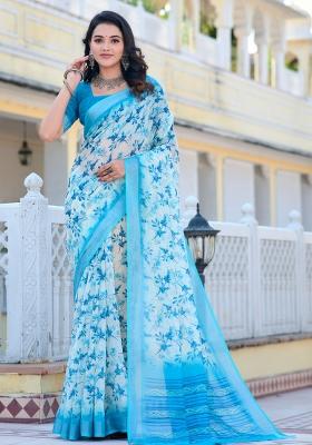 Blue Embroidered Cotton Saree Set