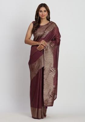 Purple Embroidered Cotton Saree Set