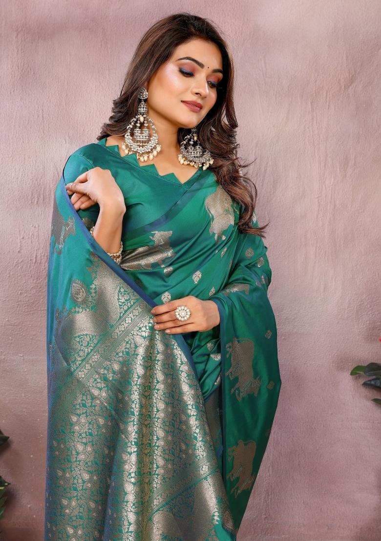 Green Embroidered Silk Saree Set - Indya