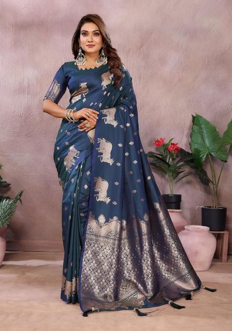Blue Embroidered Silk Saree Set