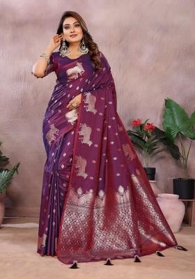 Purple Embroidered Silk Saree Set