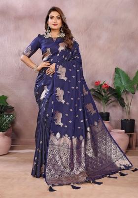 Blue Embroidered Silk Saree Set