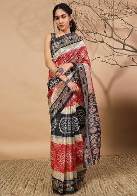 Black Printed Silk Saree Set