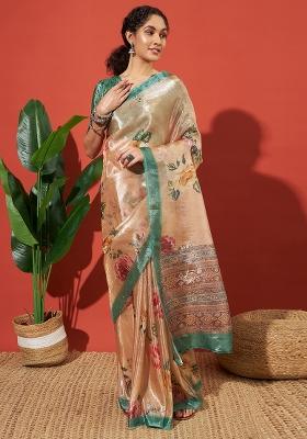 Orange Printed Silk Saree Set