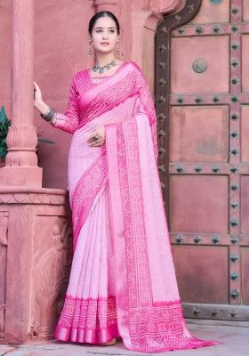Pink Embroidered Cotton Saree Set