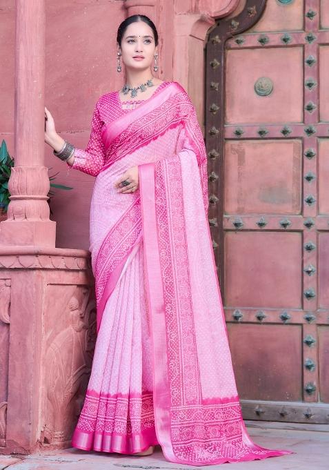 Pink Embroidered Cotton Saree Set