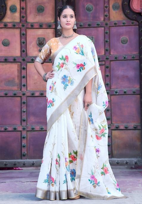 White Embroidered Cotton Saree Set