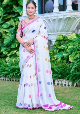 White Embroidered Cotton Saree Set