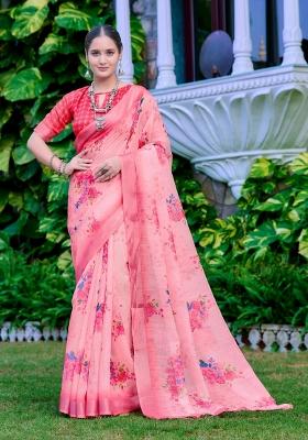 Pink Embroidered Cotton Saree Set