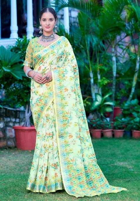 Green Embroidered Cotton Saree Set