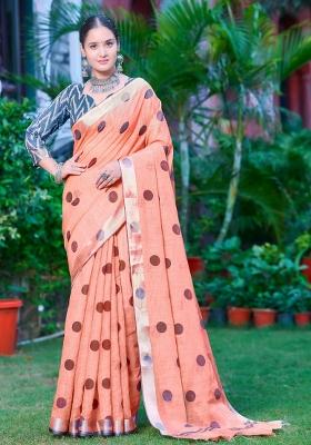 Peach Embroidered Cotton Saree Set