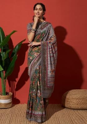 Green Printed Cotton Saree Set