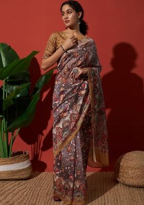 Purple Printed Cotton Saree Set
