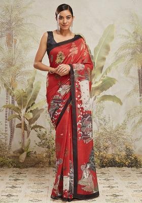 Red Printed Cotton Saree Set