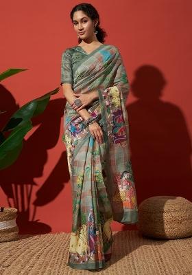 Green Printed Cotton Saree Set